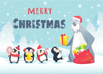 Polar bear gives gifts to penguins