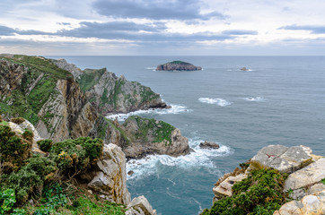 Aerial view of the epic cliffs in Cabo de Peñas in Asturias, Spain. Dramatic fall