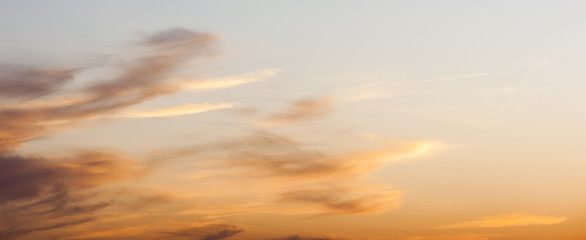Panorama of blurred peaceful beautiful sky clouds during the sunset, background. Copy space