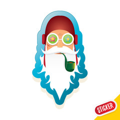 vector bad rock n roll dj santa claus sticker or label with smoking pipe, funky beard isolated on white background . Christmas party hipster poster background