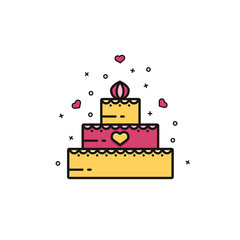 Wedding or birthday cake icon, sign, symbol, emblem, image, pictogram, vector illustration in flat color line style on isolated background. Romantic dessert logo template.