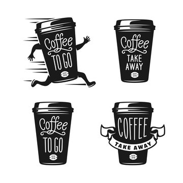 Coffee to go emblems set. Take away coffee labels. Vector vintage illustration.
