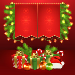 Fototapeta na wymiar Christmas tree, gift boxes, ball, candy, garland