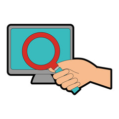 monitor computer with magnifying glass vector illustration design