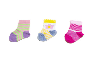 Colorful baby socks isolated on white background