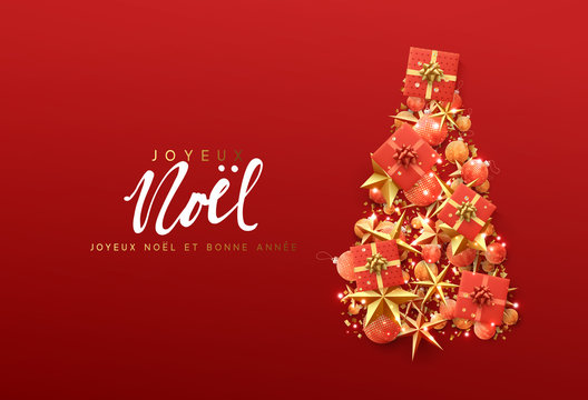 French text Joyeux Noel. Christmas greeting card. Creative composition in shape Xmas tree, with elegant stars and baubles balls, boxes gift.
