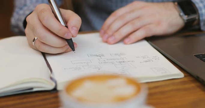 Close-up of a man's hand writes in a notebook use laptop in the foreground of coffee in a cafe break businessman code business cup