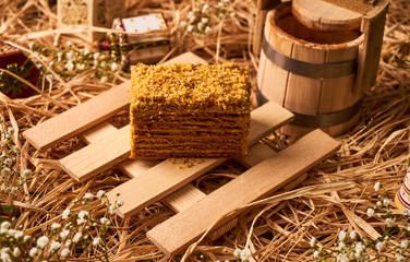 Slice of layered honey cake with sour cream