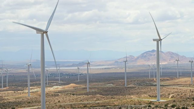 Landscape covered with wind turbines in California.