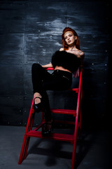 Obraz na płótnie Canvas Fashion model red haired girl with originally make up like leopard predator against steel wall. Studio portrait on ladder.