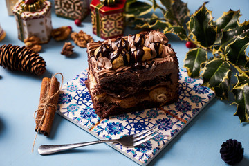 Slice of Chocolate cake with custard cream