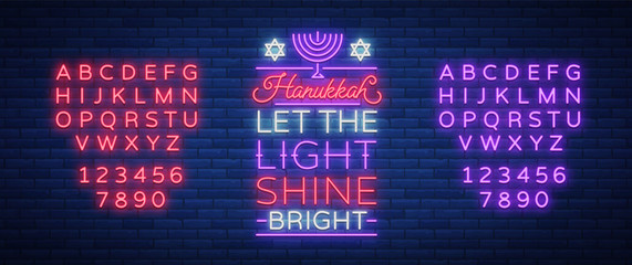 Happy Hanukkah, a greeting card in a neon style. Vector illustration. Neon luminous text on the subject of Chanukah. Bright banner, luminous festive sign. Jewish holiday
