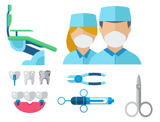 Dentist doctor character and stomatology equipment medicine instrument vector illustration.