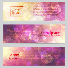 Vector abstract banners with bokeh effect. Horizontal banners with lighting party motif. Colorful backgrounds for web, printing.