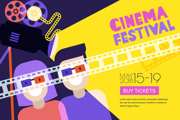 Movie time, date at the cinema concept. Vector cinema festival poster, flyer background. Abstract sale tickets banner background. Happy couple in 3d glasses, trendy flat illustration.