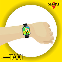 Taxi service. Hand with smartwatch gps navigation searching for taxi in application.