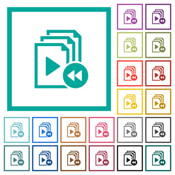 Playlist fast backward flat color icons with quadrant frames