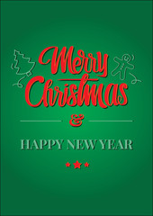 Green Christmas card template with red lettering and flat icon illustration of gingerbread man and christmas tree