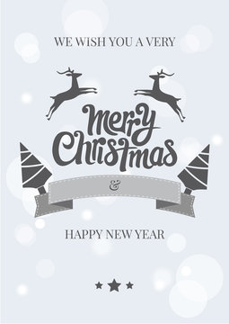 Grey Christmas card template withflying deers, silver snow and christmas tree flat icon design