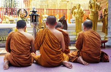 Monks sitting and praying in front of temple in Thailand