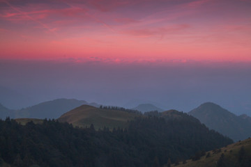 Mountain hut and pastures at dawn, Brescia province, Lombardy district, Italy