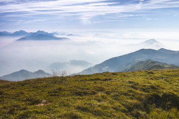 Foggy mountain view during hiking, Brescia province, Lombardy district, Italy