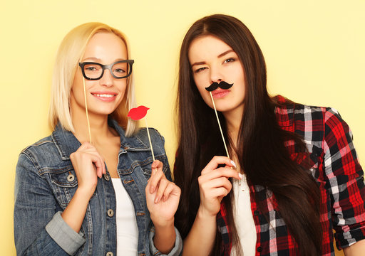 two stylish sexy hipster girls best friends ready for party 