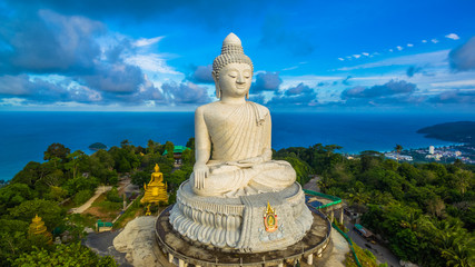 blue sky and blue ocean are on the back of Phuket Big Buddha. - obrazy, fototapety, plakaty