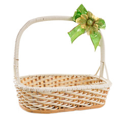 Empty wicker basket with bow isolated on white background