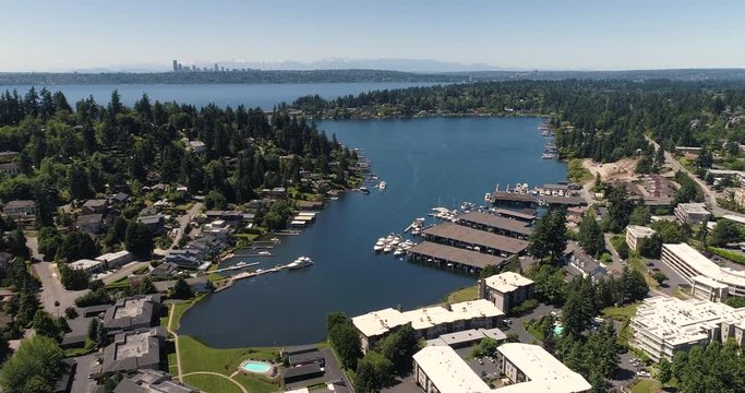 Aerial View of Meydenbauer Bay Whalers Cove Bellevue Washington Downtown Seattle Skyline Background - Lake Washington