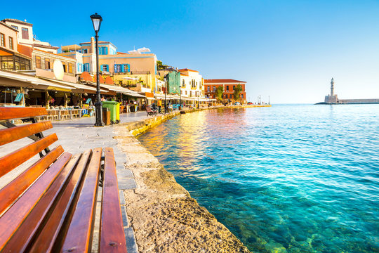 View of the old port of Chania, Crete, Greece.