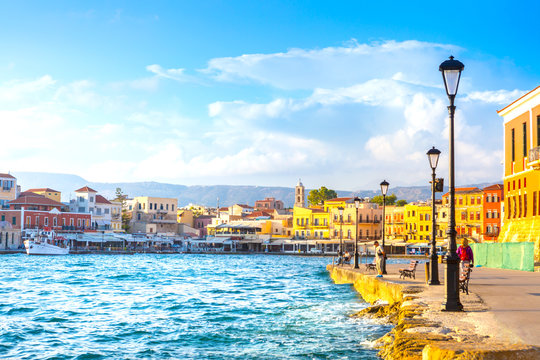 View of the old port of Chania, Crete, Greece.