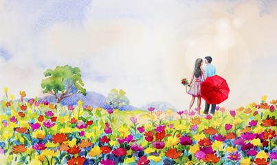 Obraz na płótnie Canvas Painting watercolor landscape daisy flowers in garden.