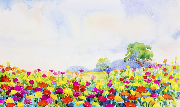 Painting watercolor landscape daisy flowers in garden.