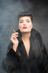 Obraz premium Cyberpunk themed beautiful girl with cigarette. Smoke environment.