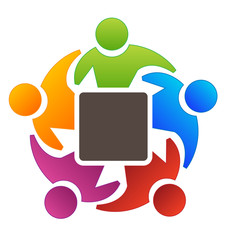 Teamwork people surrounding a blank square symbol