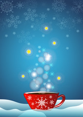 Cute red cup coffee with snowflake pattern, smoky, shinny on blue sky, star, bokeh and snowflake background for Winter, Christmas and New year concept, vector and illustration drawing style