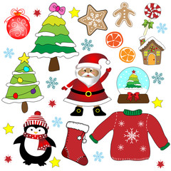 Vector and illustration set of cute Christmas and Winter cartoon character, Santa claus, Christmas tree, penguin, snow globe, sweater, ginger bread, candy, red sock and ornament