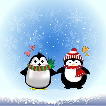 Cute drawing cartoon penguin wearing sweater, scarf, winter hat on iceberg with snowfall, snowflake and blue sky background, vector and illustration winter and christmas concept