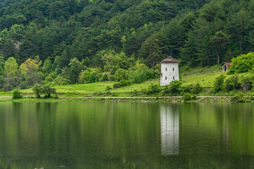 Fototapeta na wymiar Reflections of green trees and an old windmill into a calm lake