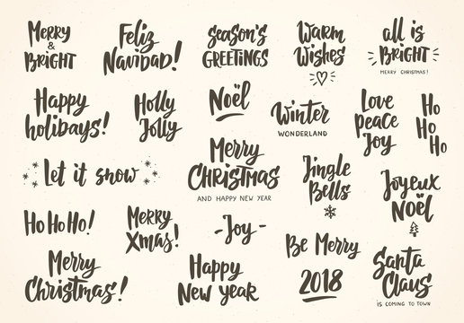 Set of holiday greeting quotes and wishes. Hand drawn text. Great for cards, gift tags and labels, photo overlays, party posters.