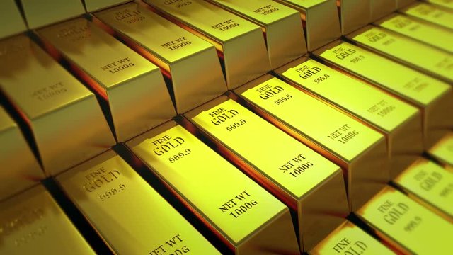 4k Gold bullion gold bars treasury wealth Ingot luxury finance goods trading,3D animation of stacked gold bars.