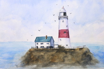 Fototapeta na wymiar watercolor lighthouse sky and sea with birds