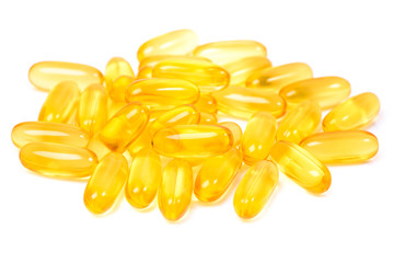 Fish oil capsules with omega 3 and vitamin D on white background