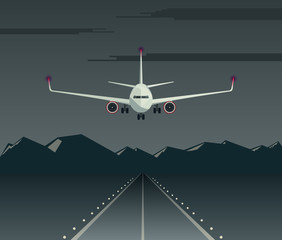 Night landing of a passenger plane on the runway. Aircraft flies low over the airfield. Airplane front view. Vector illustration.
