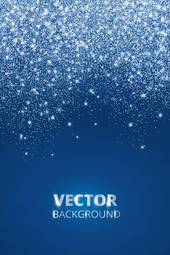 Falling glitter confetti, snow. Vector dust, explosion on blue background. Sparkling glitter border, frame.