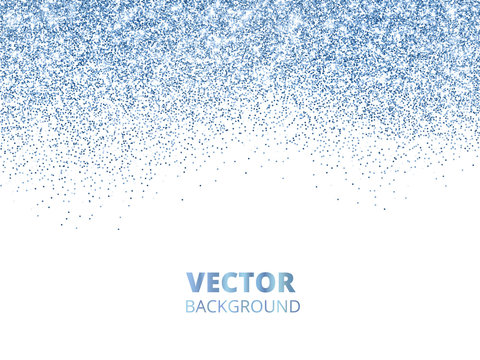 Falling glitter confetti. Blue vector dust, explosion isolated on white. Sparkling glitter border, festive frame.