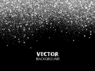 Falling glitter confetti. Vector silver dust, explosion on black background. Sparkling glitter border, festive frame.