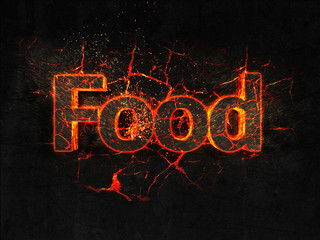 Food Fire text flame burning hot lava explosion background.