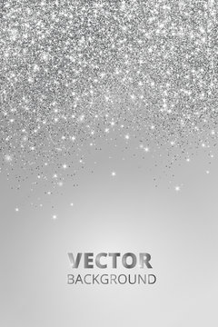 Falling glitter confetti. Vector silver dust, explosion on grey background. Sparkling glitter border, festive frame.